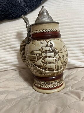 Avon Beige and Brown Ceramic Nautical Stein with Pewter Lid